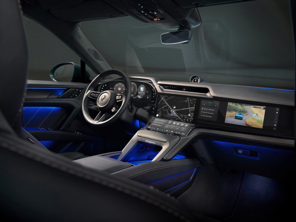 Porsche Cayenne EV—Screens everywhere + Peloton IQ—sees your sweat, judges your form + Echo Show 8—Smart hub with a conscience.